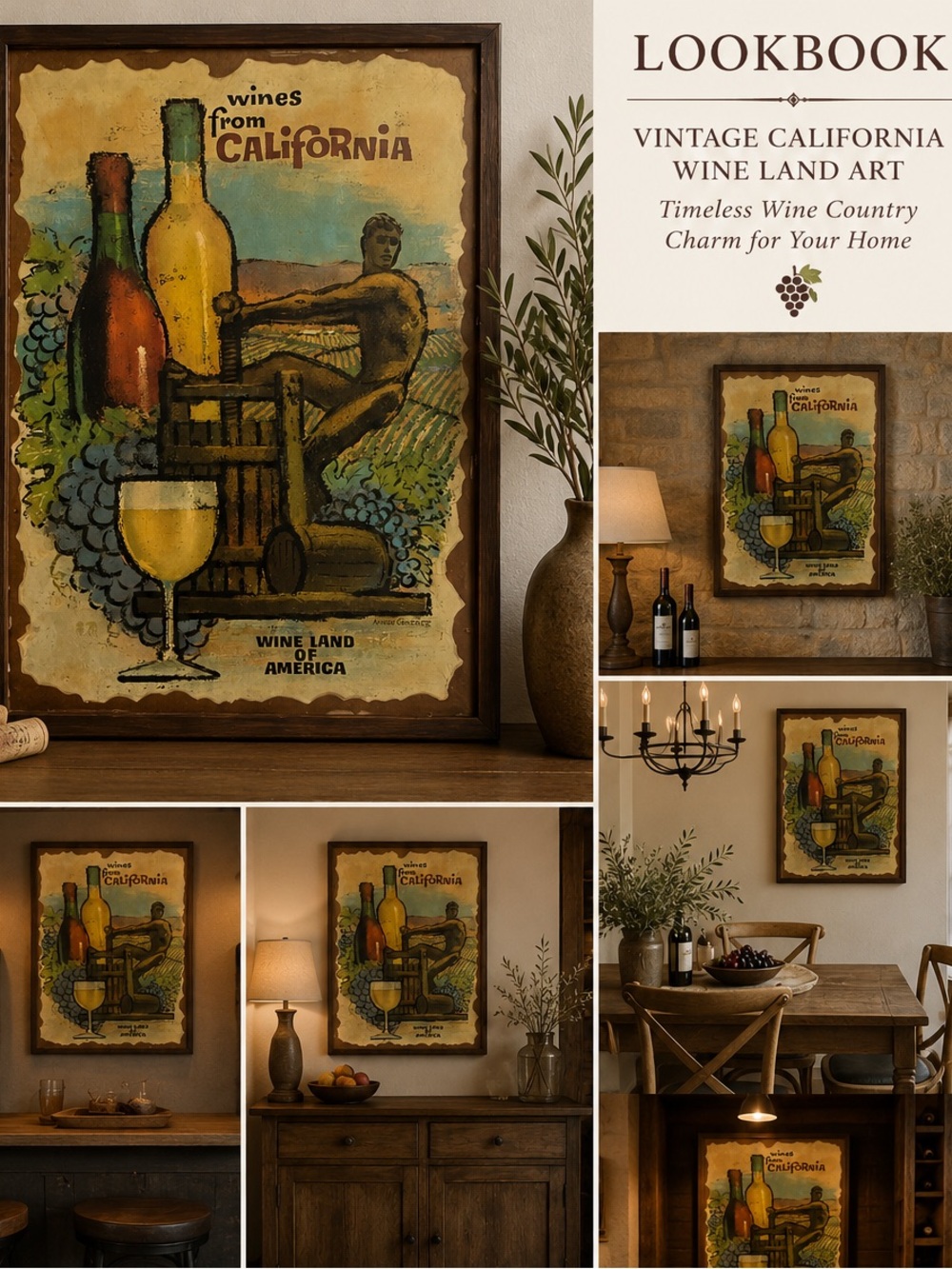 Authentic Vintage 1960s California Wine Land Framed Art